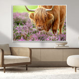 64069351-MGV-CV-36X24-Farmhouse Wall Art – Highland Cow in Wildflowers Canvas Print, Rustic Country Cattle Photography Decor for Bedroom, Living Room,