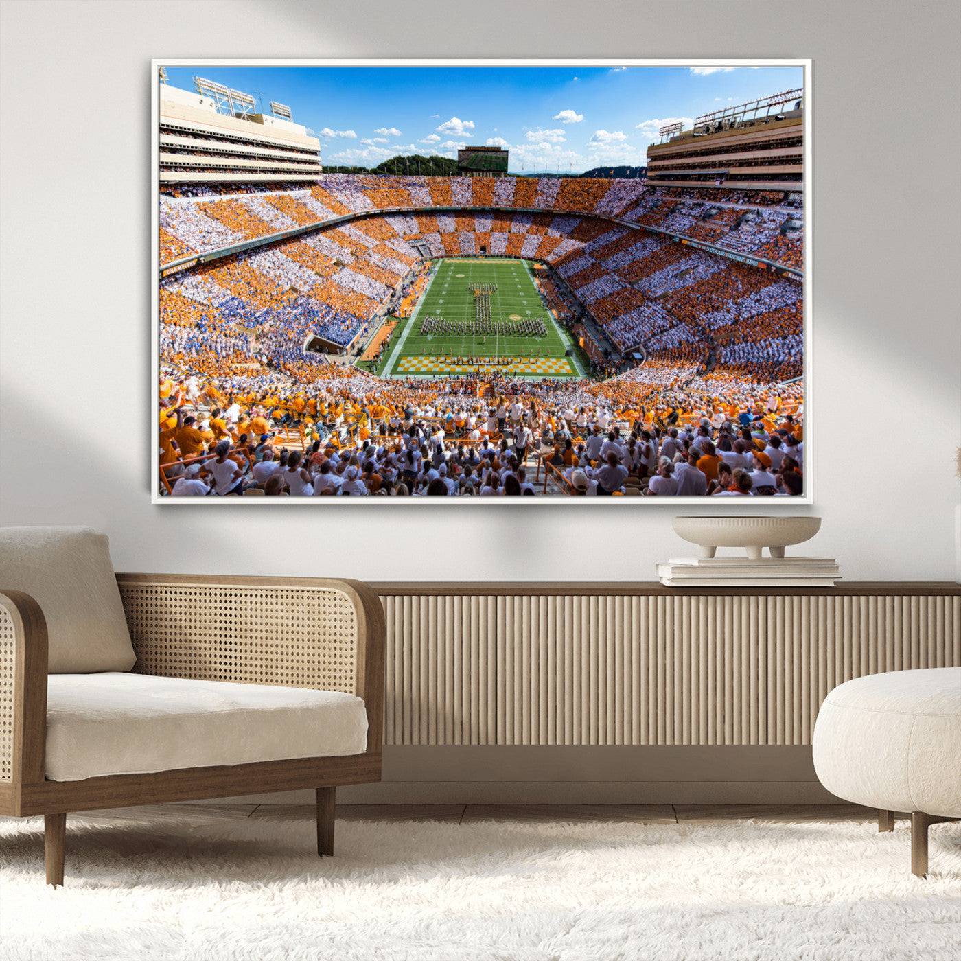 64238859-MGV-CV-36X24-Neyland Stadium Wall Art – Panoramic Tennessee Volunteers Power T Checkerboard Crowd Canvas Print, Day Game Football Band Sports
