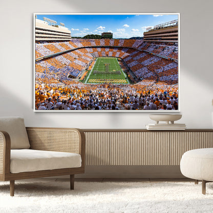 64238859-MGV-CV-36X24-Neyland Stadium Wall Art – Panoramic Tennessee Volunteers Power T Checkerboard Crowd Canvas Print, Day Game Football Band Sports