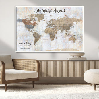 30792405-MGV-CV-36X24-Personalized World Map Wall Art – Rustic Beige Adventure Travel Map with Custom Couple Names, Vintage Wall Decor for Home or