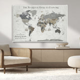 97082026-MGV-CV-36X24-Personalized World Map Wall Art – Vintage Gray Adventure Travel Map with Custom Couple or Family Names, Rustic Wall Decor for Home