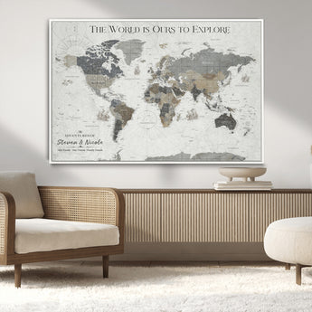 97082026-MGV-CV-36X24-Personalized World Map Wall Art – Vintage Gray Adventure Travel Map with Custom Couple or Family Names, Rustic Wall Decor for Home