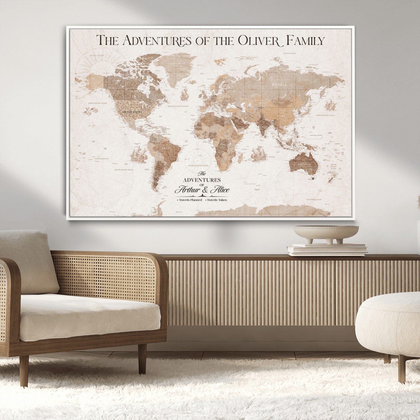 43869621-MGV-CV-36X24-Personalized World Map Wall Art – Light Beige Sepia Adventure Travel Map with Custom Family or Couple Names, Rustic Wall Decor for
