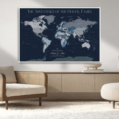76726424-MGV-CV-36X24-Personalized World Map Wall Art – Navy Blue & Grey Adventure Travel Map with Custom Family or Couple Names, Modern Wall Decor for