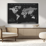 46064114-MGV-CV-36X24-Personalized World Map Wall Art – Black & Grey Adventure Travel Map with Custom Family or Couple Names, Modern Wall Decor for Home