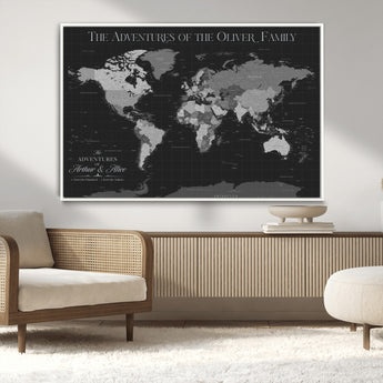 46064114-MGV-CV-36X24-Personalized World Map Wall Art – Black & Grey Adventure Travel Map with Custom Family or Couple Names, Modern Wall Decor for Home