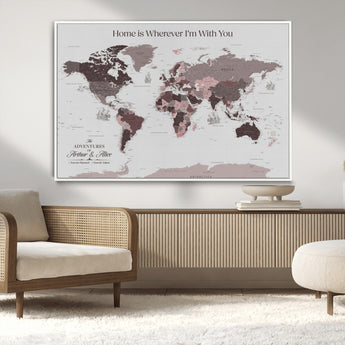33204797-MGV-CV-36X24-Personalized World Map Wall Art – Burgundy & Grey Adventure Travel Map with Custom Names, Romantic Wall Decor for Couples, Home or