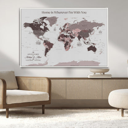 33204797-MGV-CV-36X24-Personalized World Map Wall Art – Burgundy & Grey Adventure Travel Map with Custom Names, Romantic Wall Decor for Couples, Home or