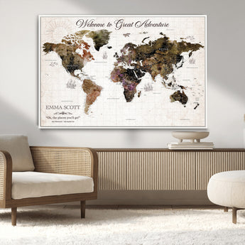 33631532-MGV-CV-36X24-Personalized World Map Wall Art – Dark Vintage Adventure Travel Map with Custom Names, Rustic Wall Decor for Couples, Home or