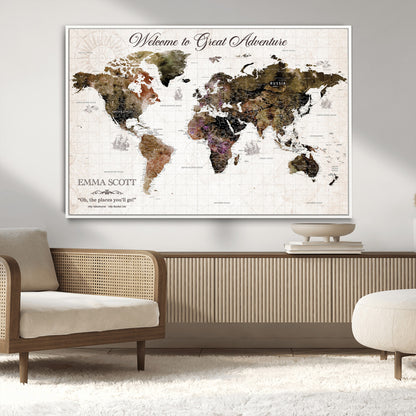 33631532-MGV-CV-36X24-Personalized World Map Wall Art – Dark Vintage Adventure Travel Map with Custom Names, Rustic Wall Decor for Couples, Home or