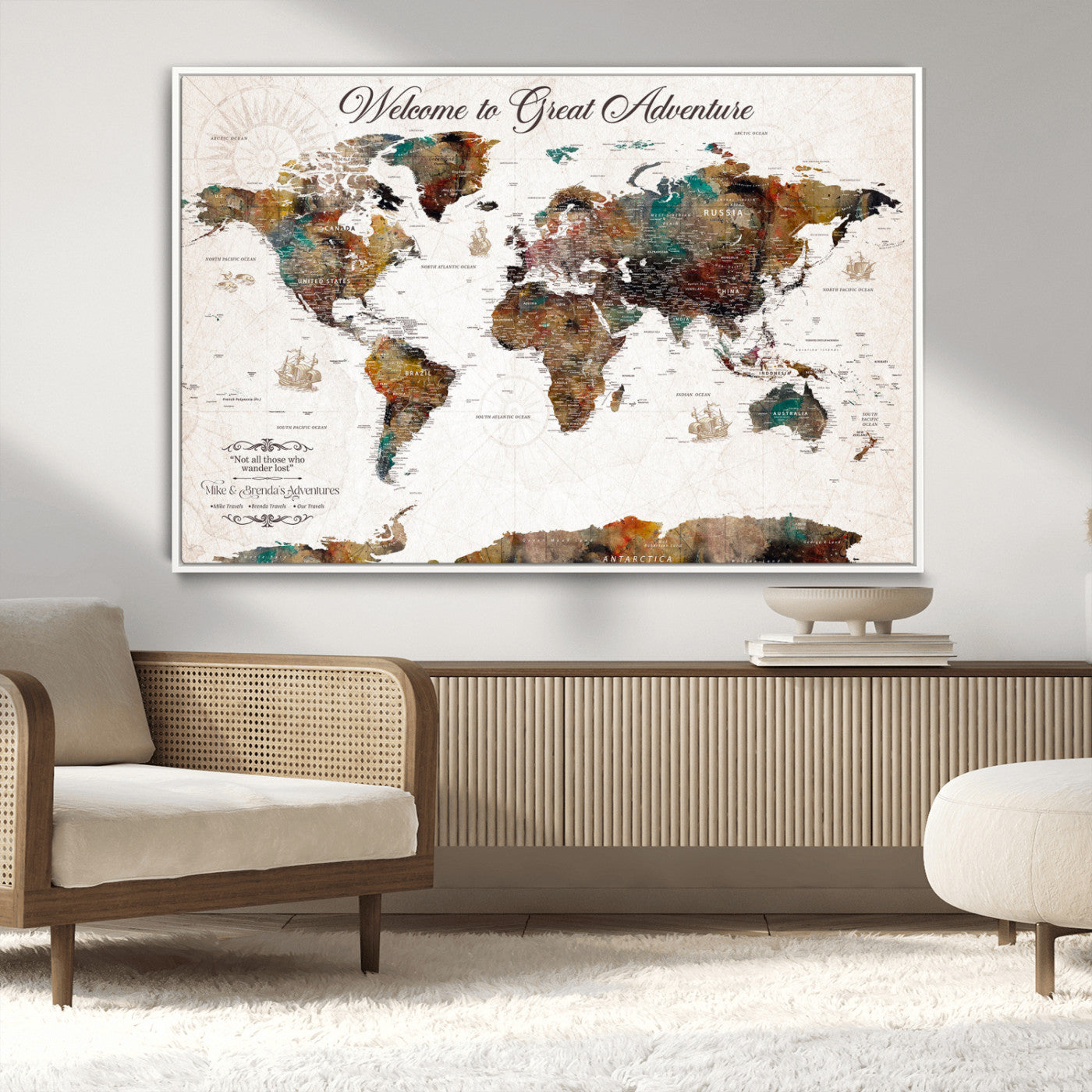 67029173-MGV-CV-36X24-Personalized World Map Wall Art – Colorful Vintage Adventure Travel Map with Custom Couple Names, Rustic Wall Decor for Home,