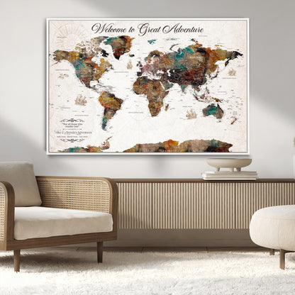 67029173-MGV-CV-36X24-Personalized World Map Wall Art – Colorful Vintage Adventure Travel Map with Custom Couple Names, Rustic Wall Decor for Home,