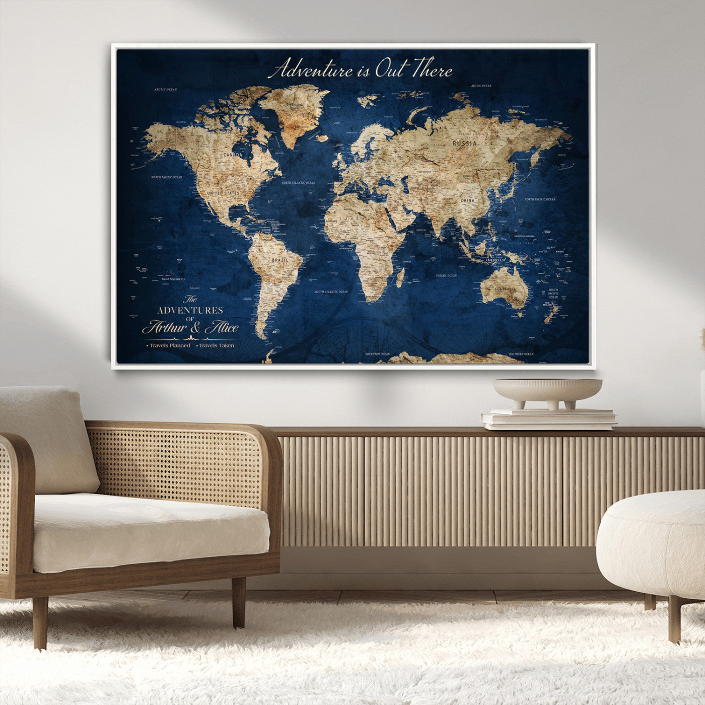 71052542-MGV-CV-36X24-Personalized World Map Wall Art – Rustic Navy Blue Adventure Travel Map with Custom Couple Names, Vintage Wall Decor for Home or