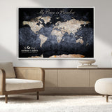 85403043-MGV-CV-36X24-Personalized World Map Wall Art – Dark Blue Rustic Adventure Map with Custom Couple Names, Vintage Wall Decor for Home or Travel