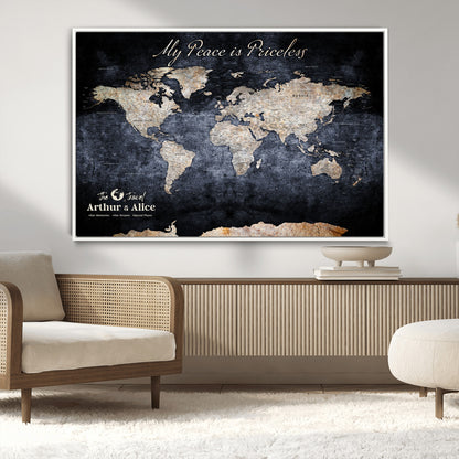 85403043-MGV-CV-36X24-Personalized World Map Wall Art – Dark Blue Rustic Adventure Map with Custom Couple Names, Vintage Wall Decor for Home or Travel