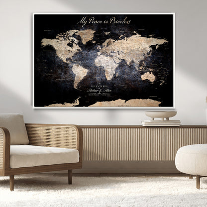 51488142-MGV-CV-36X24-Personalized World Map Wall Art – Dark Rustic Adventure Travel Map with Custom Names, Vintage Wall Decor for Couples, Families or