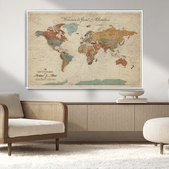 43497401-MGV-CV-36X24-Personalized World Map Wall Art – Vintage Rustic Adventure Travel Map with Custom Couple Names, Welcome to Great Adventure Wall