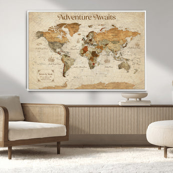 18685073-MGV-CV-36X24-Personalized World Map Wall Art – Antique Vintage Parchment Adventure Awaits Travel Map with Custom Couple Names, Rustic Wall