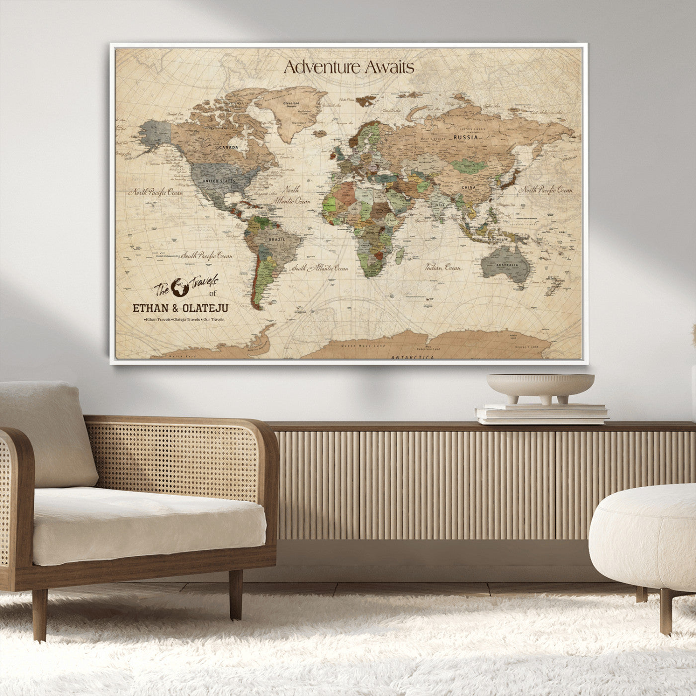 62766900-MGV-CV-36X24-Personalized World Map Wall Art – Antique Parchment Adventure Travel Map with Custom Couple Names, Rustic Wall Decor for Home,