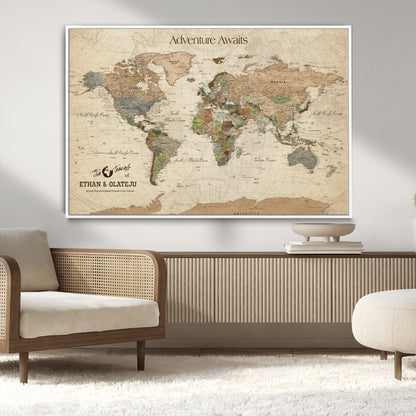 62766900-MGV-CV-36X24-Personalized World Map Wall Art – Antique Parchment Adventure Travel Map with Custom Couple Names, Rustic Wall Decor for Home,