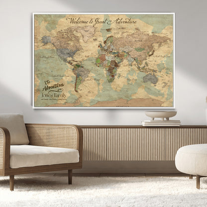 32019746-MGV-CV-36X24-Personalized World Map Wall Art – Vintage Camo Adventure Travel Map with Custom Family Names, Rustic Wall Decor for Couples, Home