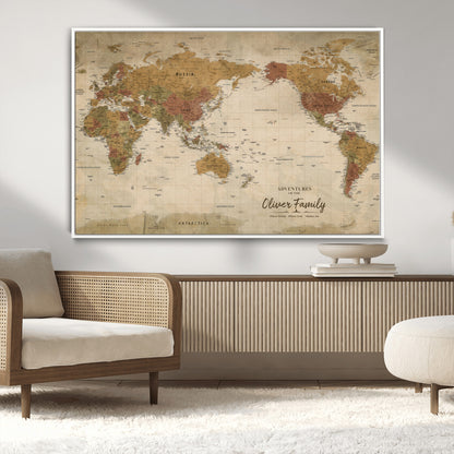 31874045-MGV-CV-36X24-Personalized World Map Wall Art – Vintage Earth Tone Adventure Map with Custom Family Names, Rustic Travel Decor for Home, Couples