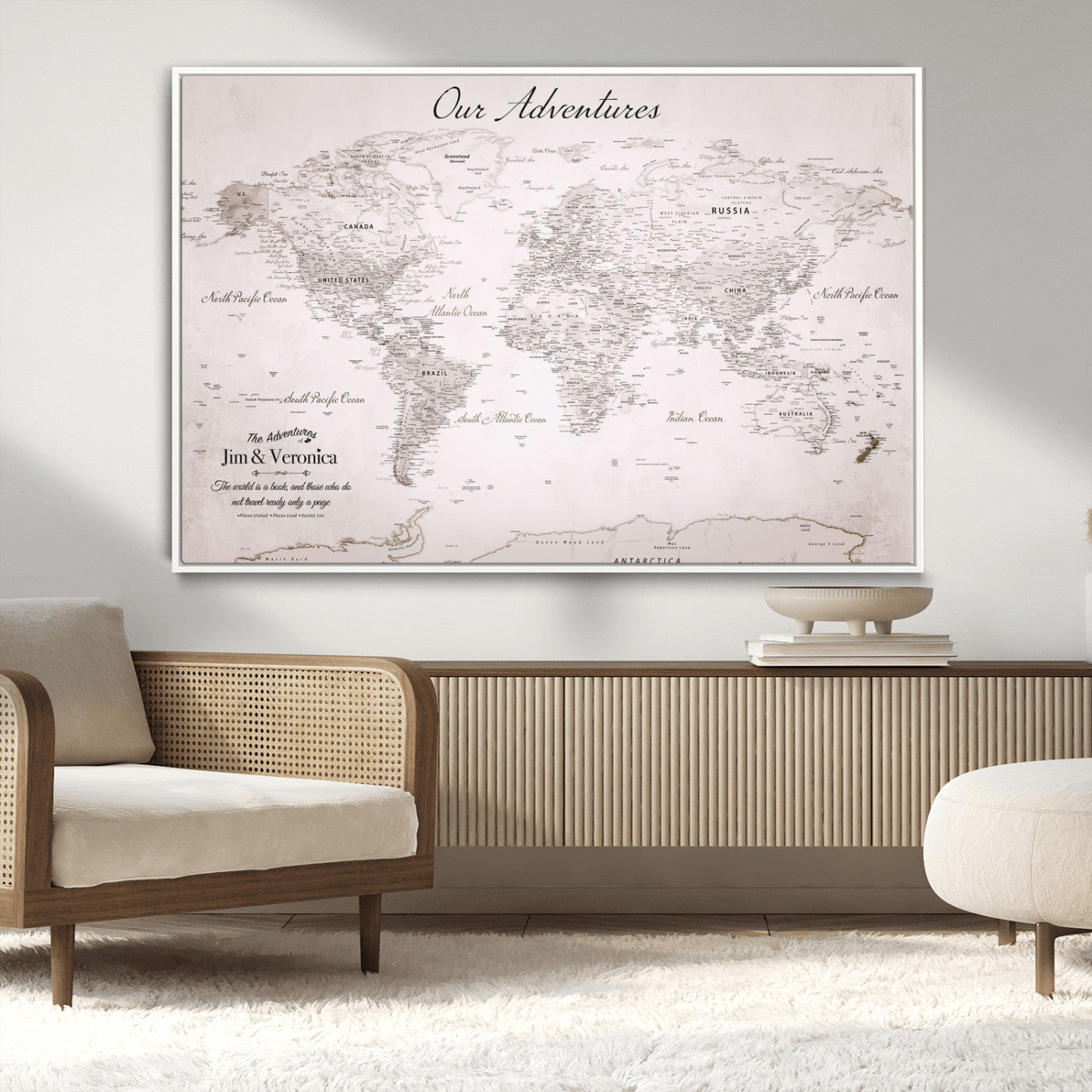 11706567-MGV-CV-36X24-Personalized World Map Wall Art – Minimalist Beige Adventure Travel Map with Custom Names, Elegant Push Pin Canvas for Couples,