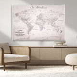11706567-MGV-CV-36X24-Personalized World Map Wall Art – Minimalist Beige Adventure Travel Map with Custom Names, Elegant Push Pin Canvas for Couples,