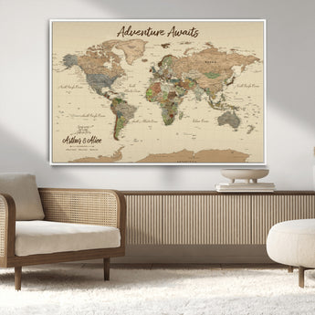 53442996-MGV-CV-36X24-Personalized World Map Wall Art – Adventure Awaits Vintage Travel Map with Custom Couple Names, Rustic Wall Decor for Home,