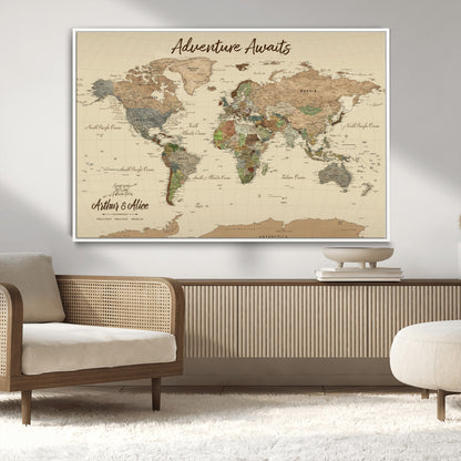 53442996-MGV-CV-36X24-Personalized World Map Wall Art – Adventure Awaits Vintage Travel Map with Custom Couple Names, Rustic Wall Decor for Home,