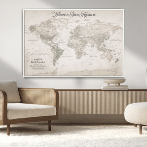 93034948-MGV-CV-36X24-Personalized World Map Wall Art – Vintage Beige Adventure Travel Map with Custom Names, Elegant Push Pin Canvas for Couples,