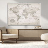 93034948-MGV-CV-36X24-Personalized World Map Wall Art – Vintage Beige Adventure Travel Map with Custom Names, Elegant Push Pin Canvas for Couples,