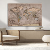 93226713-MGV-CV-36X24-Personalized World Map Wall Art – Adventure Awaits Rustic Earth-Tone Travel Map with Custom Names, Vintage Wall Decor for Couples,