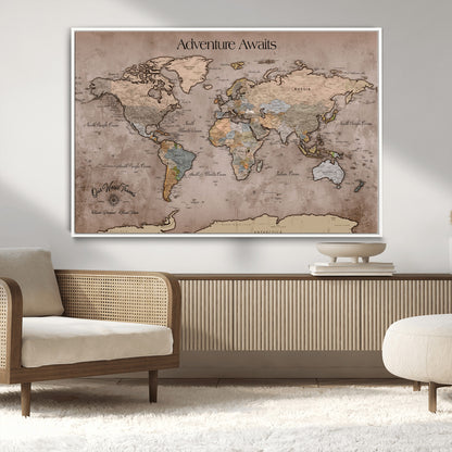 93226713-MGV-CV-36X24-Personalized World Map Wall Art – Adventure Awaits Rustic Earth-Tone Travel Map with Custom Names, Vintage Wall Decor for Couples,