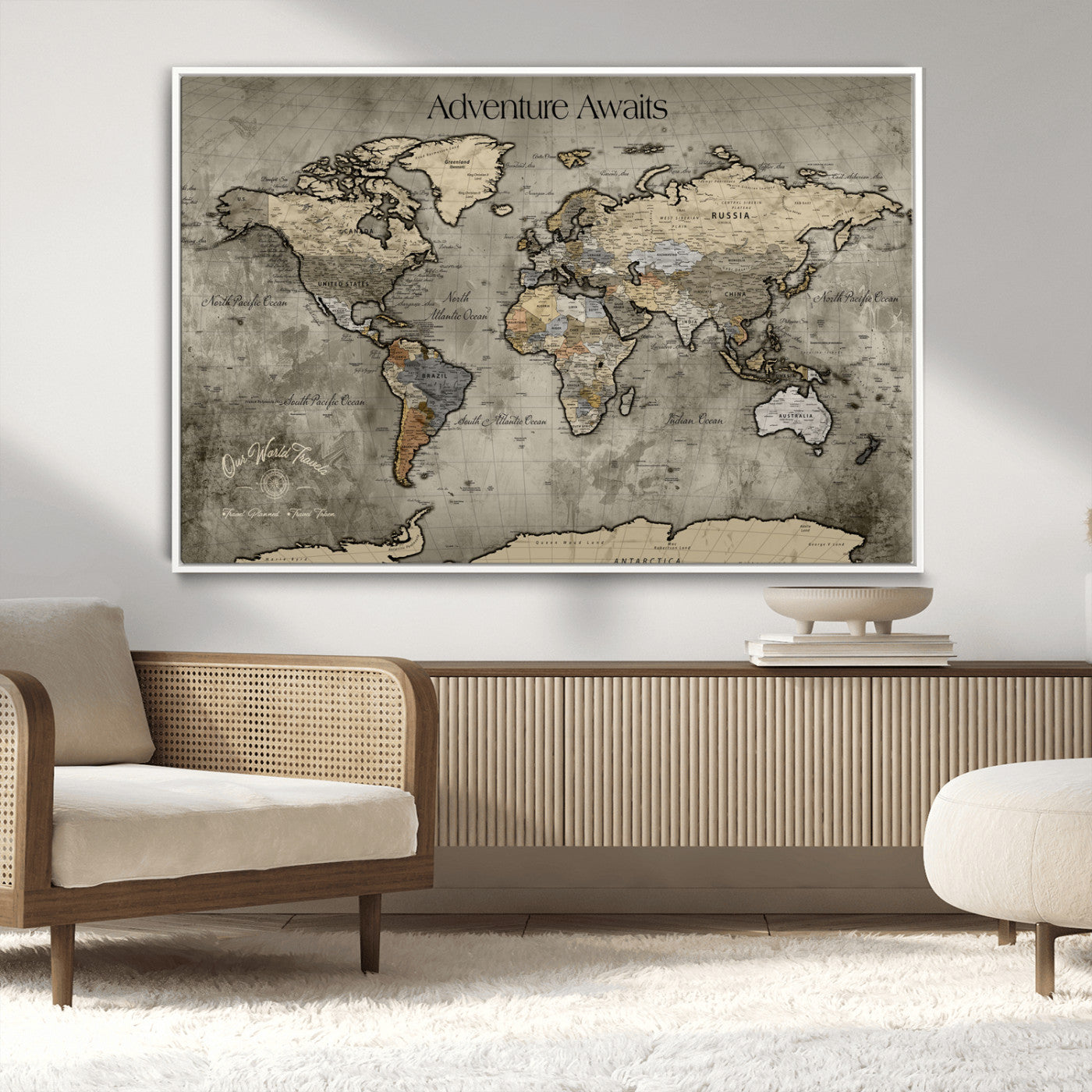72658967-MGV-CV-36X24-Personalized World Map Wall Art – Adventure Awaits Rustic Sepia Travel Map with Custom Names, Vintage Wall Decor for Couples, Home