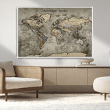 72658967-MGV-CV-36X24-Personalized World Map Wall Art – Adventure Awaits Rustic Sepia Travel Map with Custom Names, Vintage Wall Decor for Couples, Home
