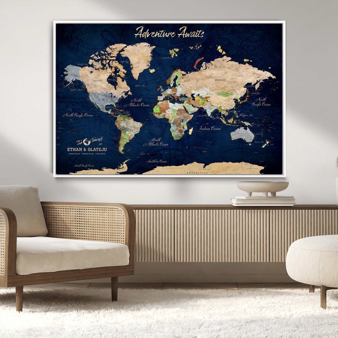80965072-MGV-CV-36X24-Personalized World Map Wall Art – Adventure Awaits Navy Blue Travel Map with Custom Names, Rustic Vintage Wall Decor for Couples,