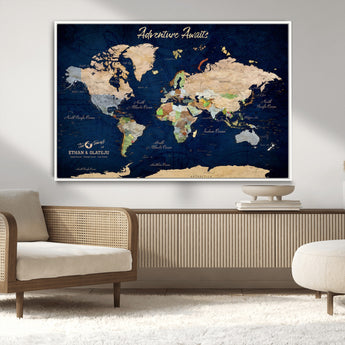 80965072-MGV-CV-36X24-Personalized World Map Wall Art – Adventure Awaits Navy Blue Travel Map with Custom Names, Rustic Vintage Wall Decor for Couples,