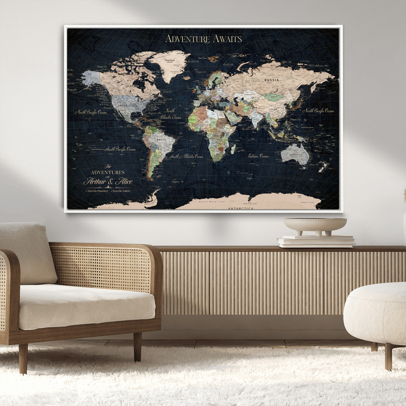 15547583-MGV-CV-36X24-Personalized World Map Wall Art – Rustic Navy Adventure Awaits Travel Map with Custom Couple Names, Vintage Wall Decor for Home or