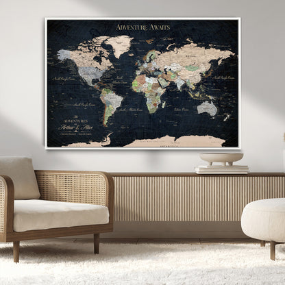 15547583-MGV-CV-36X24-Personalized World Map Wall Art – Rustic Navy Adventure Awaits Travel Map with Custom Couple Names, Vintage Wall Decor for Home or