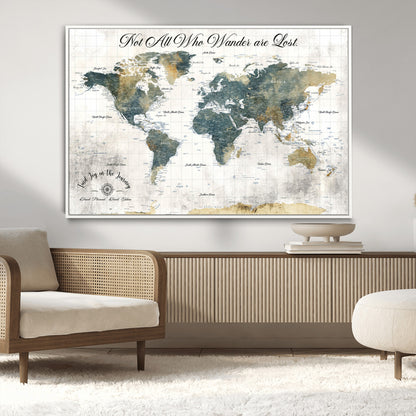 16233493-MGV-CV-36X24-Personalized World Map Wall Art – Rustic Blue Green Wanderlust Travel Map with Custom Couple Names, Vintage Wall Decor for Home