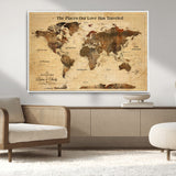 50680593-MGV-CV-36X24-Personalized World Map Wall Art – Rustic Brown Adventure Travel Map with Custom Names, Elegant Push Pin Canvas for Couples Home,