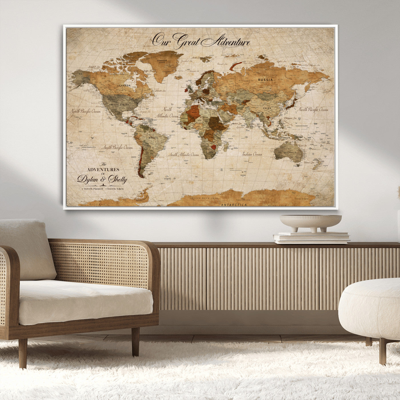91961147-MGV-CV-36X24-Personalized World Map Wall Art – Vintage Sepia Adventure Travel Map with Custom Couple Names, Rustic Wall Decor for Home, Couples