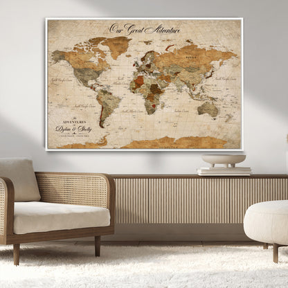 91961147-MGV-CV-36X24-Personalized World Map Wall Art – Vintage Sepia Adventure Travel Map with Custom Couple Names, Rustic Wall Decor for Home, Couples