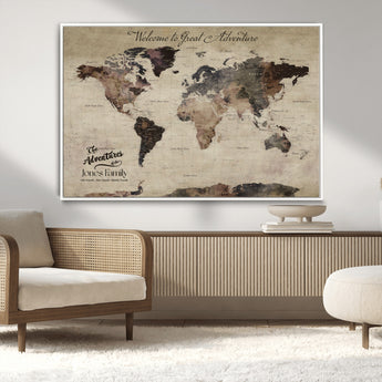 78610079-MGV-CV-36X24-Personalized World Map Wall Art – Vintage Rustic Travel Map with Custom Family Name, Adventure Wall Decor for Home, Family Gift or
