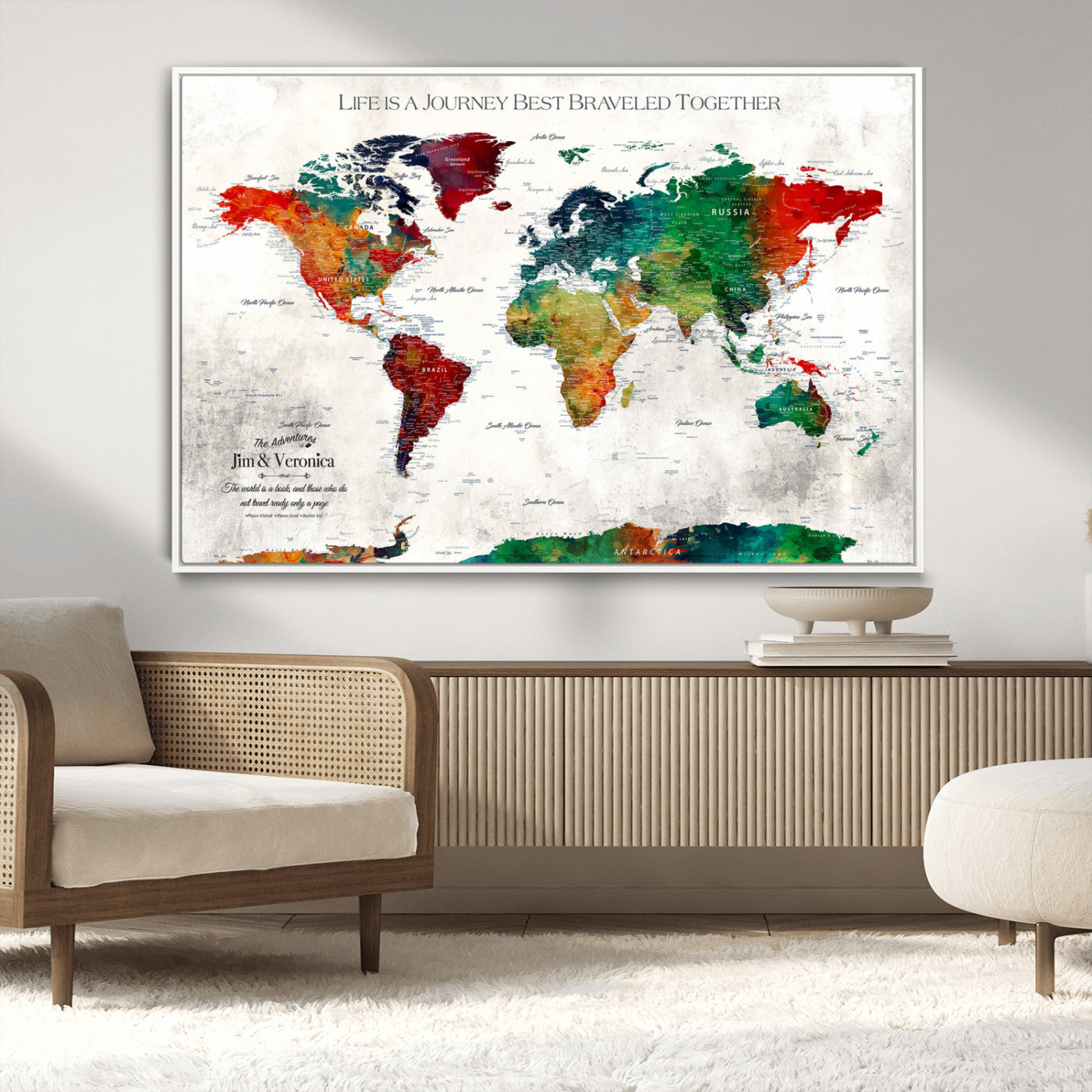 95876117-MGV-CV-36X24-Personalized World Map Wall Art – Colorful Watercolor Travel Map with Custom Names, Romantic Wall Decor for Couples, Wedding or