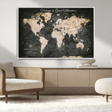 70534097-MGV-CV-36X24-Personalized World Map Wall Art – Dark Vintage Adventure Style Travel Map with Custom Names, Unique Wall Decor for Couples, Home