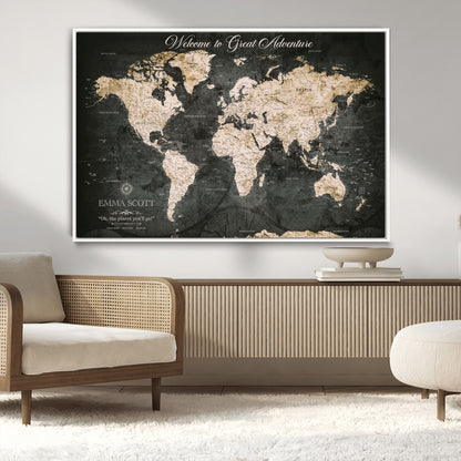 70534097-MGV-CV-36X24-Personalized World Map Wall Art – Dark Vintage Adventure Style Travel Map with Custom Names, Unique Wall Decor for Couples, Home