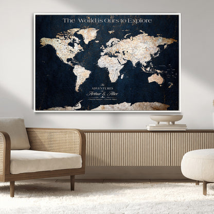13231361-MGV-CV-36X24-Personalized World Map Wall Art – Navy Blue Vintage Adventure Travel Map with Custom Names, Elegant Push Pin Canvas for Couples