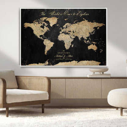 98947257-MGV-CV-36X24-Personalized World Map Wall Art – Vintage Black Adventure Travel Map with Custom Names, Elegant Push Pin Canvas for Couples Home
